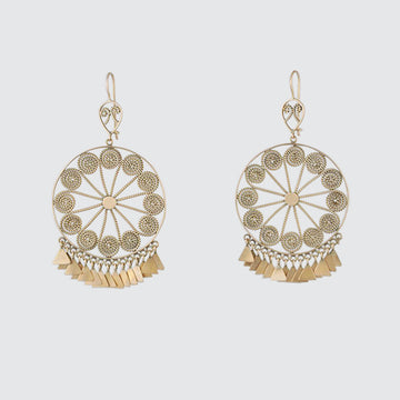 Large Intricate Filigree Wheel with Triangle Dangles Gold Earrings