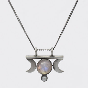 Crescent Moons with Rainbow Moonstone Cabochon Necklace - PJ1445