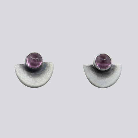 Half Disc with Cabochon Stone Stud Earrings - EJ2316