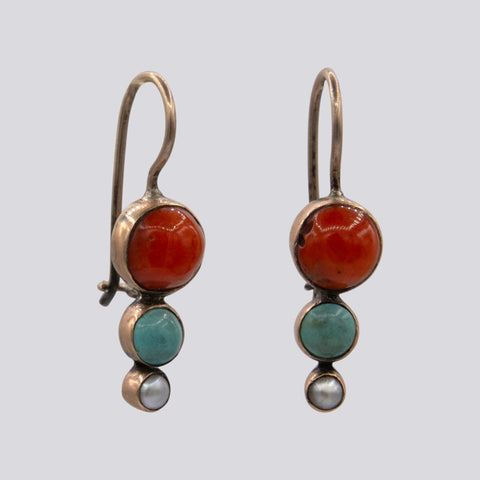 Coral, Turquoise and Pearl Drop Earrings