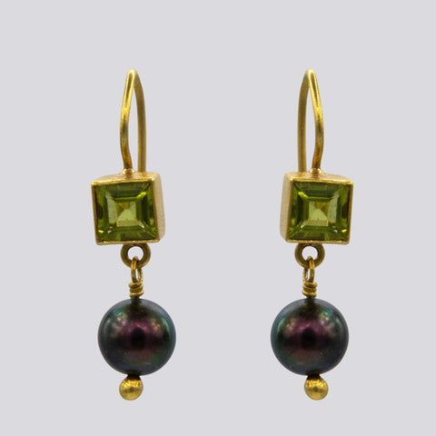 22K Gold Peridot Drops with Grey Pearl Dangles