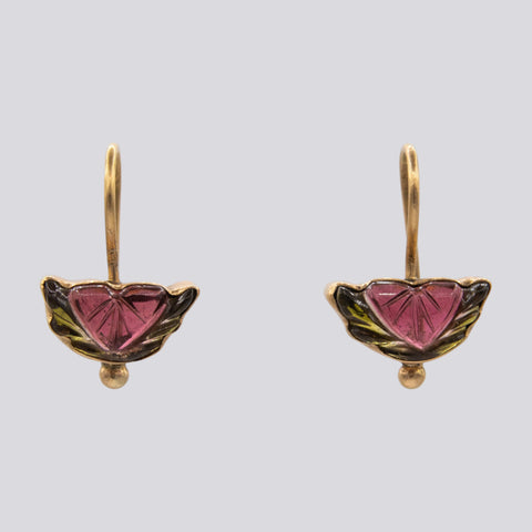 18K Gold Carved Tourmaline Earrings