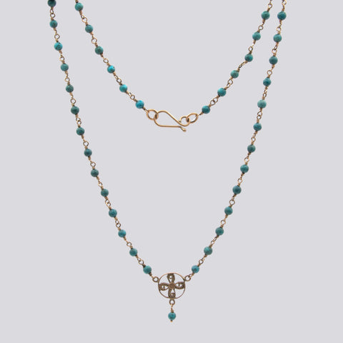 Turquoise and 10K Gold Rosary Necklace