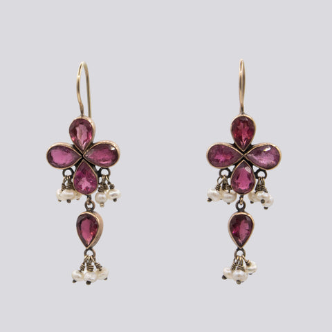 Pink Tourmaline Drop Earrings with Pearl Dangles