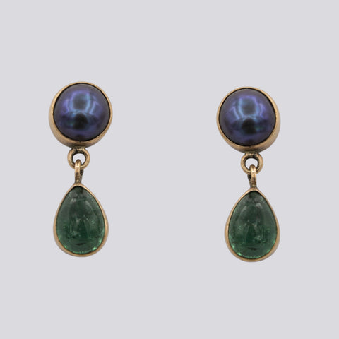 Grey Pearl Studs with Green Tourmaline Dangles