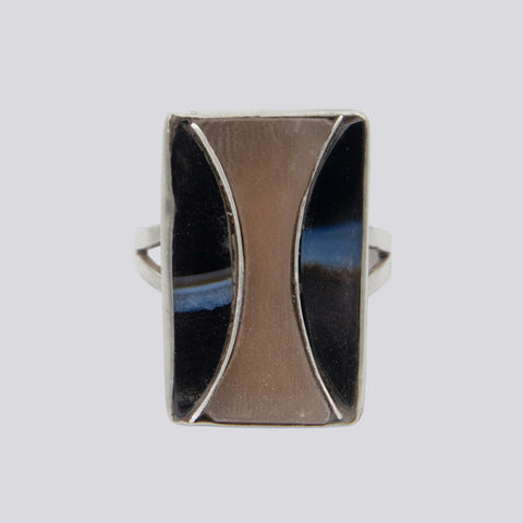 Banded Black Onyx and Chocolate Moonstone Ring - Size 8 - RING 35