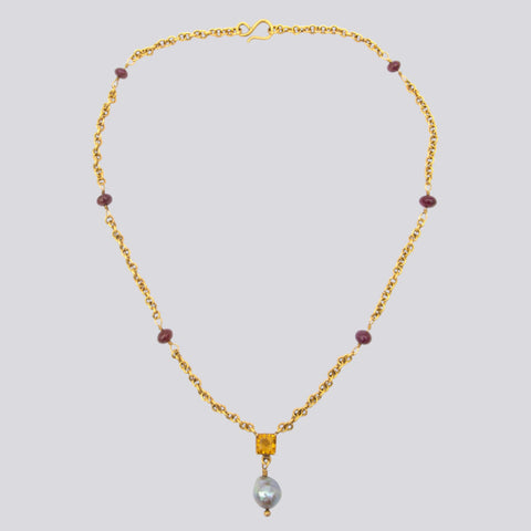 18K Gold Necklace With Ruby, Citrine and Baroque Blue Pearl