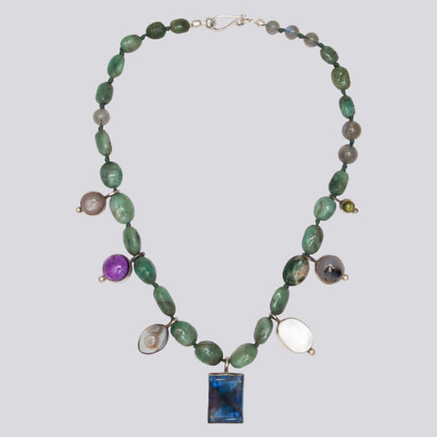 Knotted Emerald and Labradorite Charm Necklace