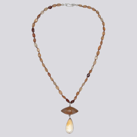 Knotted Hessonite Garnet Necklace with Eye Agate and Citrine Pendant