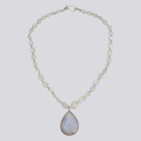 Knotted Rainbow Moonstone Necklace with Teardrop Pendant