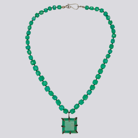 Knotted Chrysoprase Necklace with Square Pendant