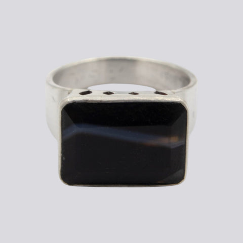 Banded Black Onyx Ring With Cut Outs - Size 8 - RING 115