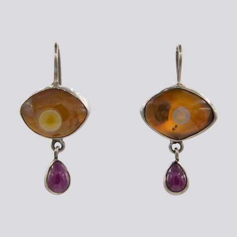 Eye Agate and Ruby Dangle Earrings- EARRINGS 36