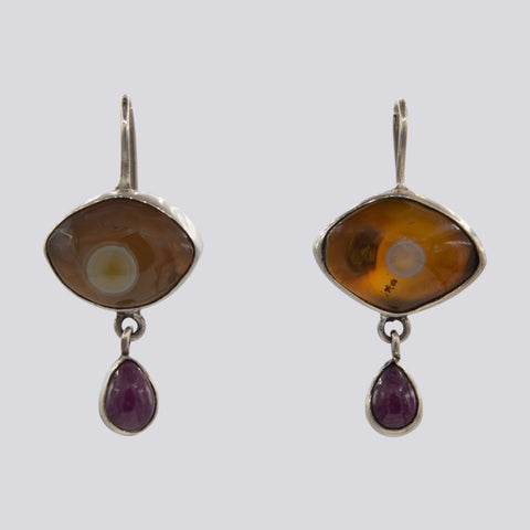 Eye Agate and Ruby Dangle Earrings