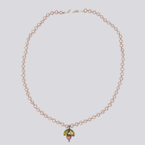 Knotted Pink Pearl Necklace with Pendant - NECKLACE 14