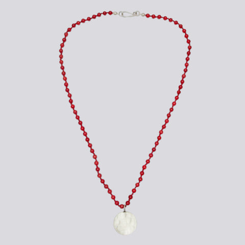 Knotted Coral Necklace With Hammered Pendant - NECKLACE 20