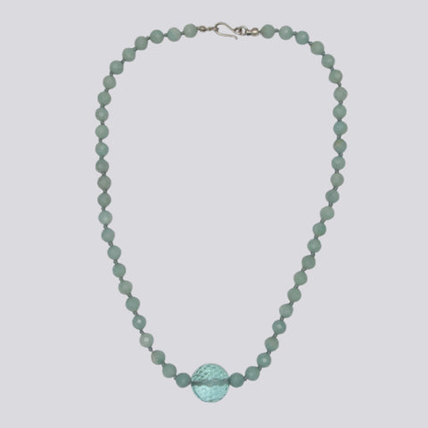 Knotted Amazonite Necklace With Faceted Glass Pendant - KNTAMA-4