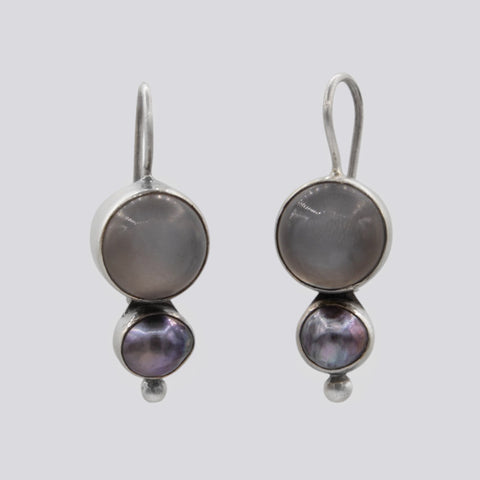 Grey Moonstone and Grey Pearl Drop Earrings - EARRINGS 51