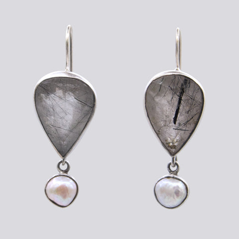 Teardrop Tourmalated Quartz and Pearl Earrings - EARRINGS 109