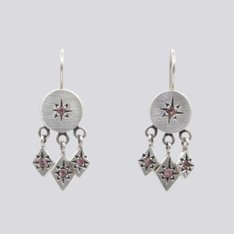 Pink Tourmaline Star Set Earrings with Diamond Shape Dangles - EARRINGS 103