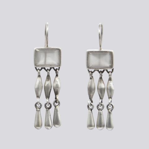 Faceted Rectangle Moonstones with Cascading Rice and Teardrop Fringe  - EARRINGS 104