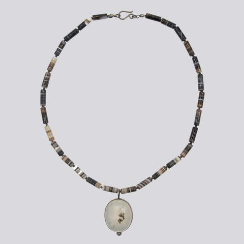 Banded Black Onyx and Agate Pendant Necklace- NECKLACE 48