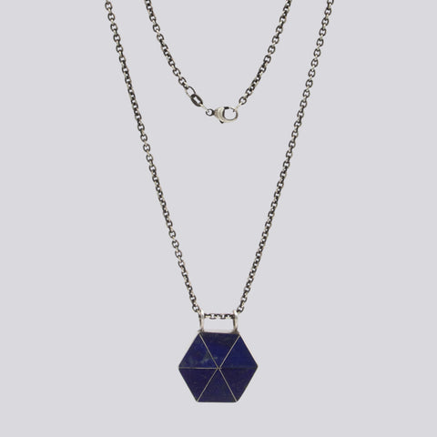 Lapis Mosaic Hexagon Pendant Necklace- NECKLACE 52