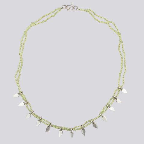 Double-Strand Peridot Beaded Necklace with Leaf Charms - NECKLACE 54