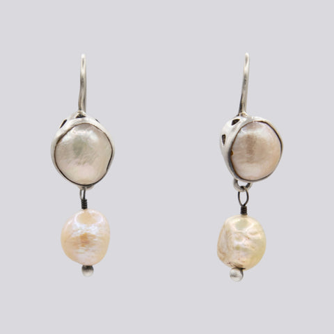 Medium Double Pearl Drop with Hand-Cut Bezel Earrings - EARRINGS 114