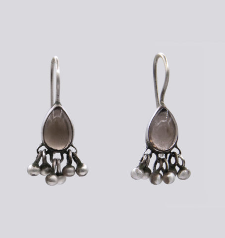 Petite Smoky Quartz Teardrop Earrings with Ball Fringe- EARRINGS 118