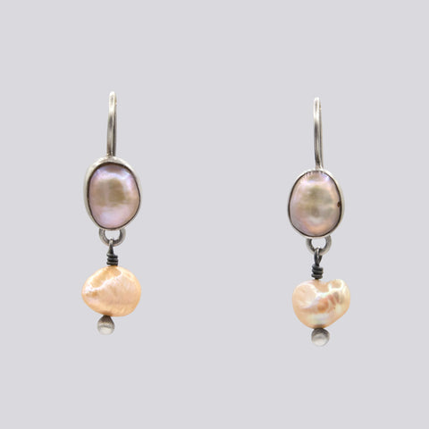 Small Double Pearl Drop with Hand-Cut Bezel Earrings - EARRINGS 115