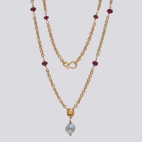 18K Gold Necklace With Ruby, Citrine and Baroque Blue Pearl - P10KG ARCHIVE 17