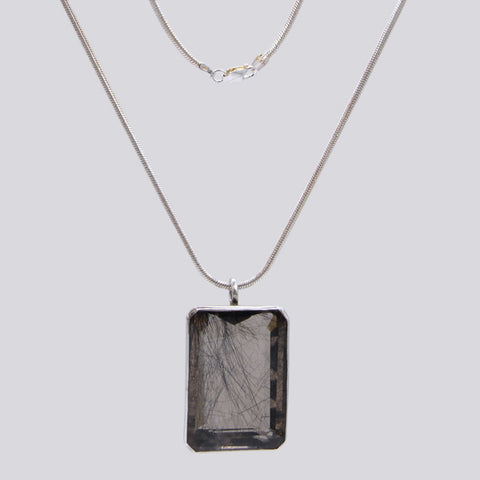 Large Tourmalated Quartz Rectangular Pendant Necklace- NECKLACE 71