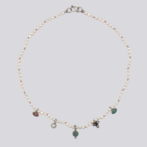 White Pearl and Pink Thread Beaded Necklace with Mixed Charms - NECKLACE 64