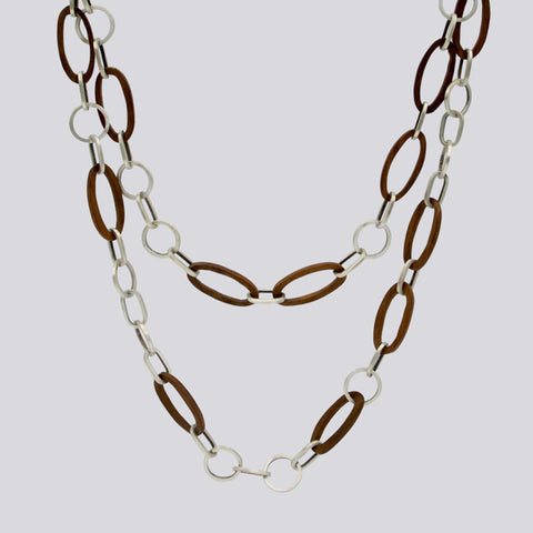 Sterling Silver and Wood Link Chain Necklace - NECKLACE 66