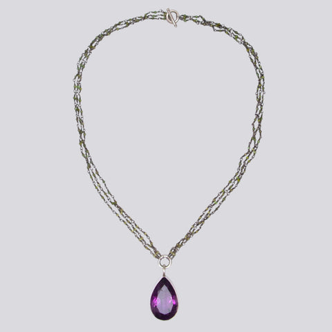 Peridot Rosary Necklace With Amethyst Teardrop - NECKLACE 86