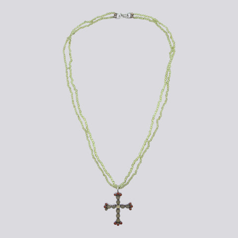 Double Strand Peridot Necklace with Cross Pendant - NECKLACE 97
