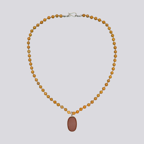 Knotted Yellow Jade Necklace with Jasper Pendant - NECKLACE 95