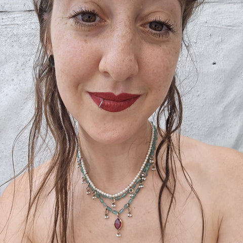 Pink Tourmaline, Apatite and 10K Gold Necklace with White Pearl Dangles