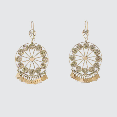 Large Intricate Filigree Wheel with Triangle Dangles Gold Earrings