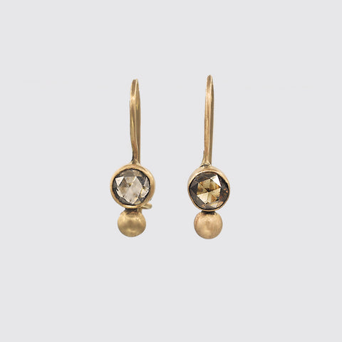 Rose Cut Brown Diamond and Gold Granulation Drop Earrings
