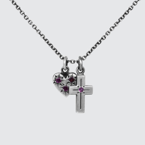 Small Heart and Cross Charm Necklace with Star Set Stones
