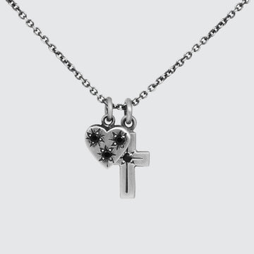 Small Heart and Cross Charm Necklace with Star Set Stones