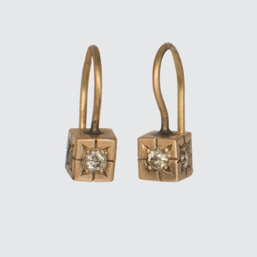 Tiny Solid Gold Cube earring with Four Star Set Diamonds
