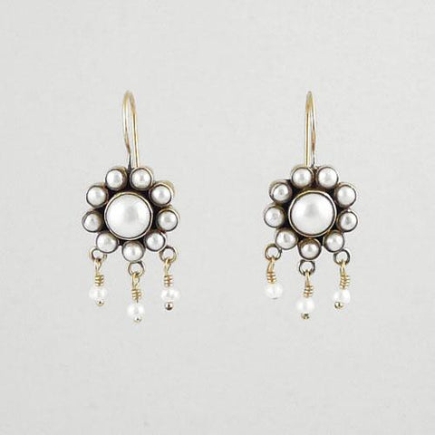 White Pearl Flower Earrings with Tiny Pearl Dangles