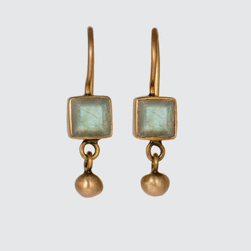 Tiny Faceted Square Stone Earring with Ball Dangle in 10K Gold