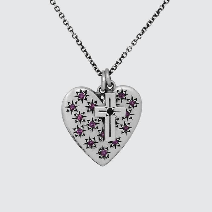 Small Heart and Cross Charm Necklace with Star Set Stones Rhodolite Garnet