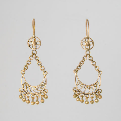 Handmade filigree half moon drop gold earrings